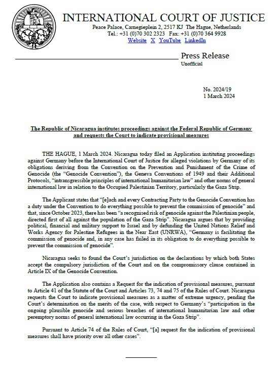بيان صادر عن محكمة العدل الدولية حول تقديم نيكاراغوا دعوى ضد المانيا